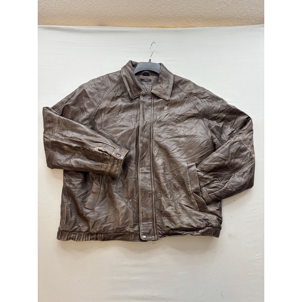 Claiborne Mens XL Lambskin Leather Snap Front Bomber Jacket Brown Collared Coat